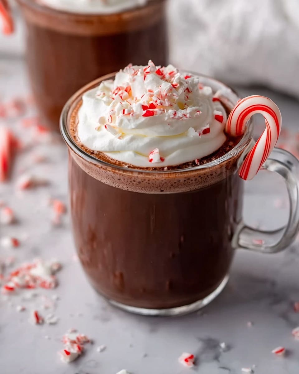 The image shows a clear glass mug filled with thick, dark brown hot chocolate. On top, there is a large dollop of white whipped cream sprinkled with small red and white candy cane pieces. A small red and white candy cane is placed inside the mug on the right side. The mug is on a white marbled surface with some crushed candy cane pieces scattered around. Another blurry glass of hot chocolate is visible in the background. Photo taken with an iphone --ar 4:5 --v 7