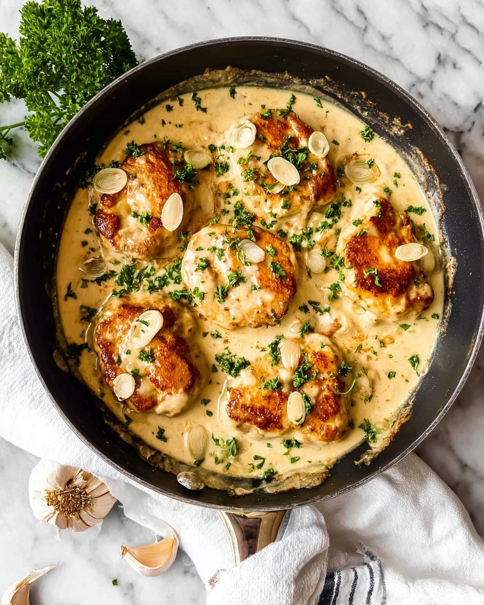 A black pan filled with six golden-brown cooked pieces layered in creamy light beige sauce, each piece topped with small, thin slices of white garlic and scattered bright green parsley leaves. The sauce has a smooth and rich texture, pooling around the pieces in the pan. Around the pan on a white marbled surface are garlic cloves and more parsley, with a white striped cloth visible under the pan handle. Photo taken with an iphone --ar 4:5 --v 7