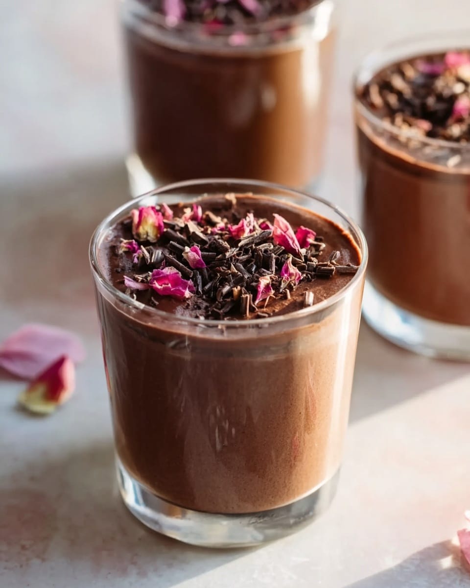 This image shows a clear glass filled with three layers of chocolate mousse. The bottom layer is smooth and dense, dark brown in color, making up about two-thirds of the glass. The top layer is slightly lighter brown and lighter in texture, with small chocolate curls and tiny pink flower petals sprinkled on it, creating a decorative and textured look. The glass is placed on a white marbled surface with soft natural light shining from the side. In the background, there are two more similar glasses slightly out of focus. photo taken with an iphone --ar 4:5 --v 7