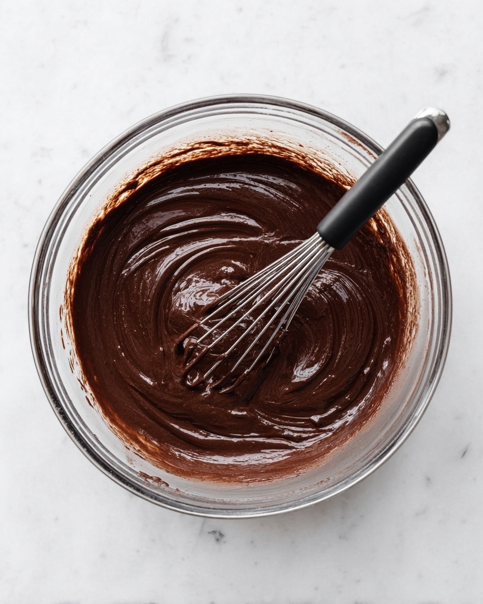 A clear glass bowl with a layer of thick, smooth dark brown chocolate batter inside is shown from above on a white marbled surface. The batter has a rich, glossy texture with swirls and ripples made by a metal whisk with a black handle resting inside the bowl. The bowl's inner sides are lightly streaked with the chocolate mixture. Photo taken with an iphone --ar 4:5 --v 7