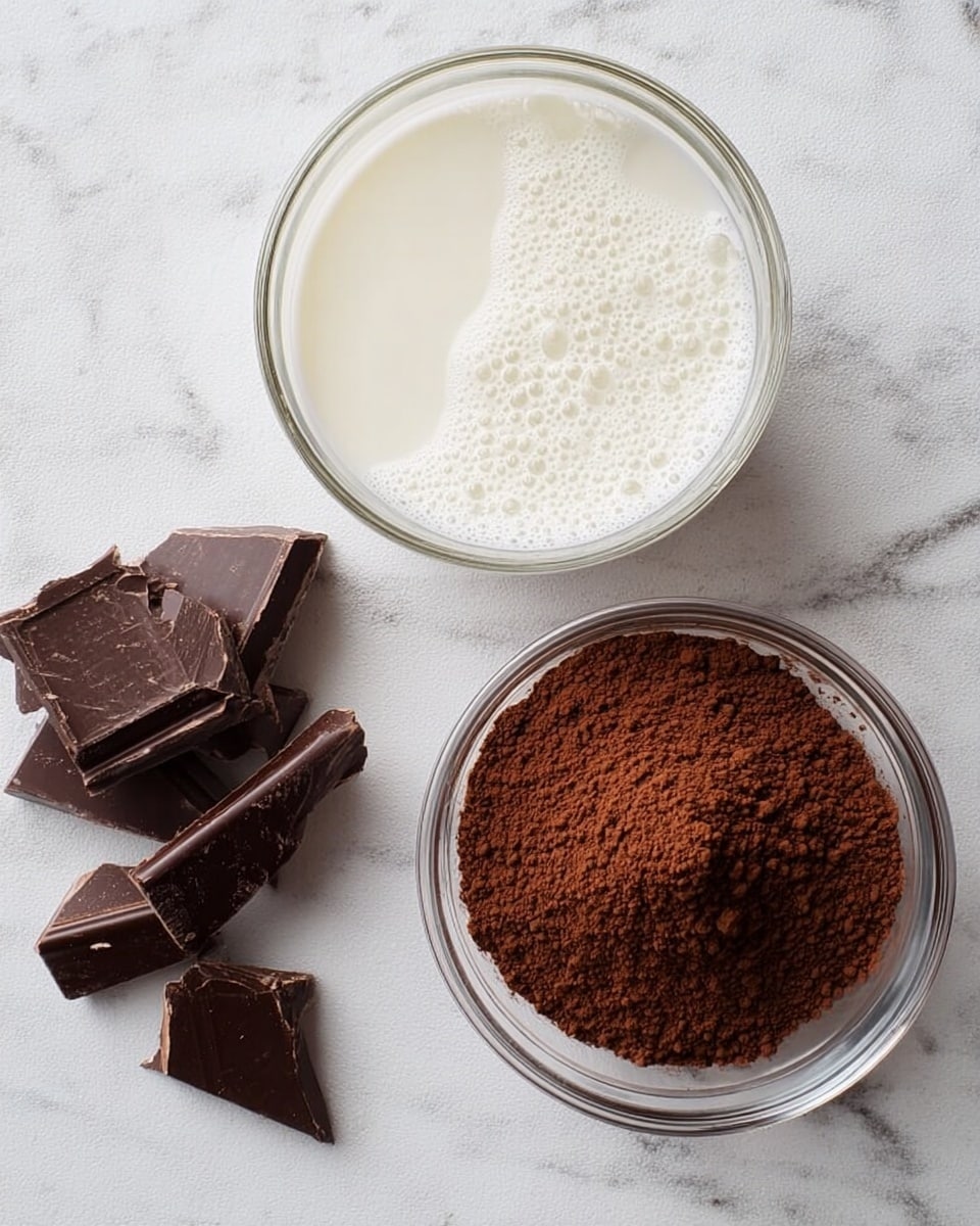 The image shows three main elements arranged on a white marbled surface. To the left, there are several dark brown chocolate pieces broken into chunks with sharp edges. In the center and slightly lower, a clear glass bowl holds white milk with a smooth, creamy texture and some bubbles on the surface. To the right, another clear glass bowl contains a fine layer of deep brown cocoa powder with a slightly uneven, powdery texture. The items are neatly spaced, showing a simple and clean setup. Photo taken with an iphone --ar 4:5 --v 7