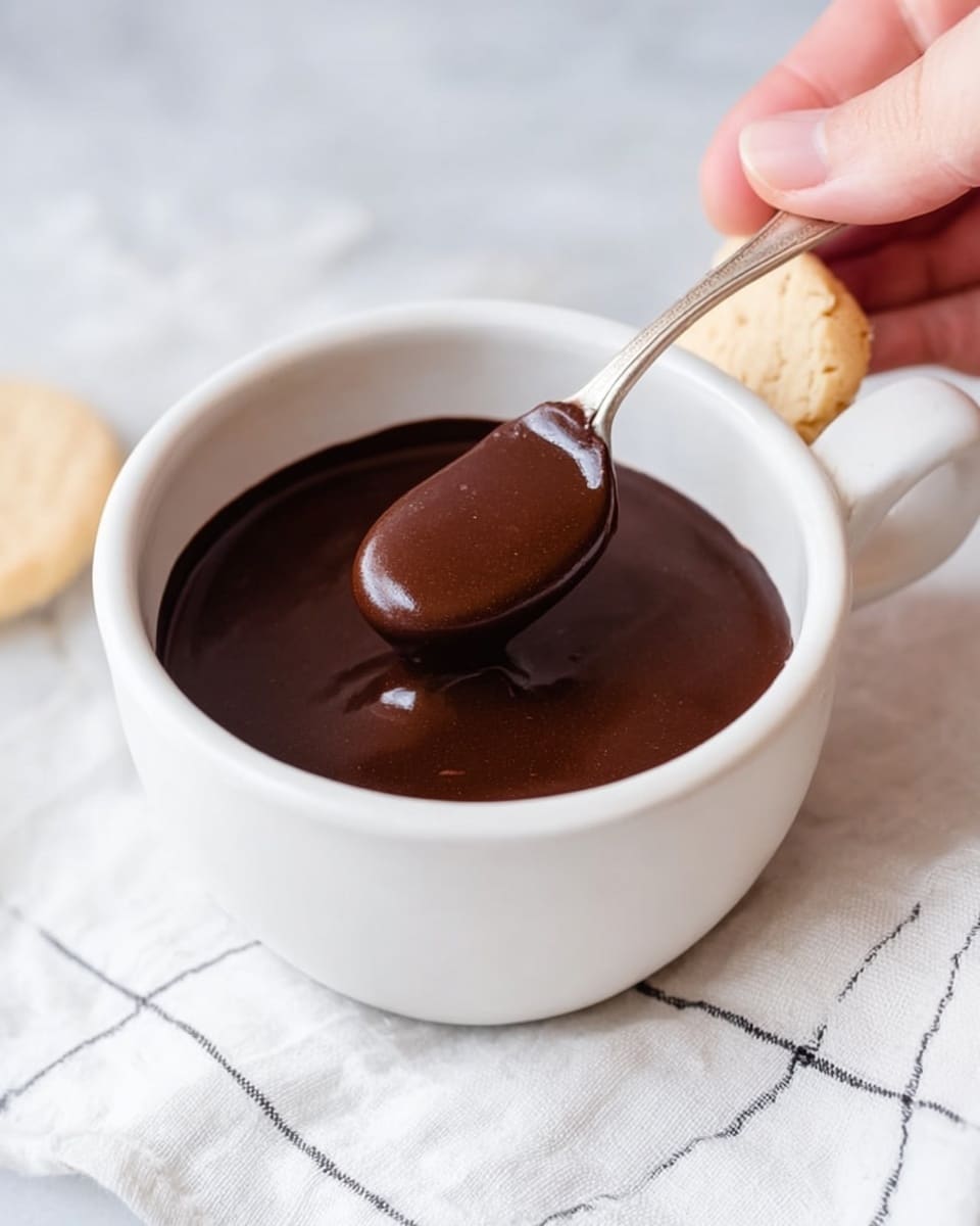 A close-up view of a white cup filled with smooth, thick dark chocolate sauce that looks shiny and rich. A woman's hand holds a spoon dipping into the chocolate, lifting a rounded spoonful covered in the thick sauce. On the right edge of the cup, a small light-colored cookie is slightly placed, adding a light contrast. The white cup sits on a white marbled surface with a soft white cloth featuring a thin black grid pattern lying nearby. The scene shows a simple but warm moment of dipping into a creamy chocolate sauce. photo taken with an iphone --ar 4:5 --v 7