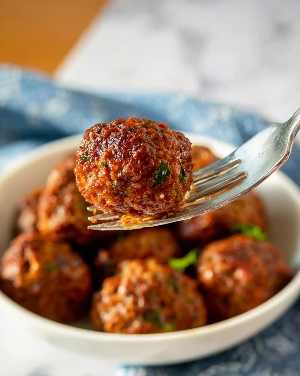 A white long oval plate holds nine round, golden-brown meatballs arranged in rows of three. Each meatball has a slightly rough texture on the outside and is sprinkled with small bits of green herbs. A silver fork is resting on the plate next to the meatballs on the left side. The plate is placed on a white marbled surface with a blue and white striped cloth nearby. Photo taken with an iphone --ar 4:5 --v 7