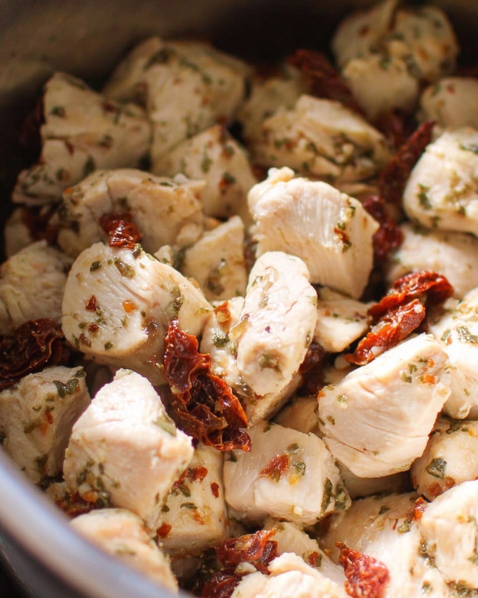 The image shows many pieces of cooked white chicken chunks mixed with small bits of sun-dried tomatoes. The chicken pieces are off-white with some specks of green herbs and light orange seasoning, and the sun-dried tomato bits add dark red and brown colors. The food is placed closely together in a silver-colored bowl or pot. The focus is on the texture of the chicken which looks soft and well-cooked, with some roughness from the dried tomato pieces. The background has a soft, warm light. Photo taken with an iphone --ar 4:5 --v 7