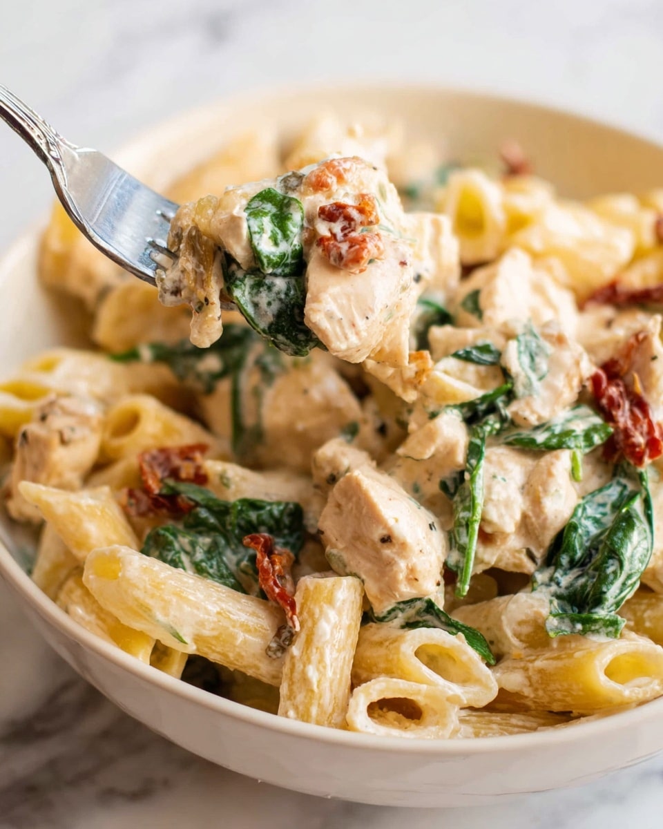 This image shows a close-up of a creamy pasta dish in a white bowl. The dish has three main layers: at the bottom, there are short, tube-shaped pasta pieces that are light yellow and covered in sauce; the middle layer has chunks of pale chicken mixed in with the pasta; and the top layer includes dark green spinach leaves and small bits of reddish sun-dried tomatoes, all mixed in the creamy white sauce. A silver fork is lifting a bite of pasta, spinach, and chicken from the bowl. The background is a white marbled texture. Photo taken with an iphone --ar 4:5 --v 7