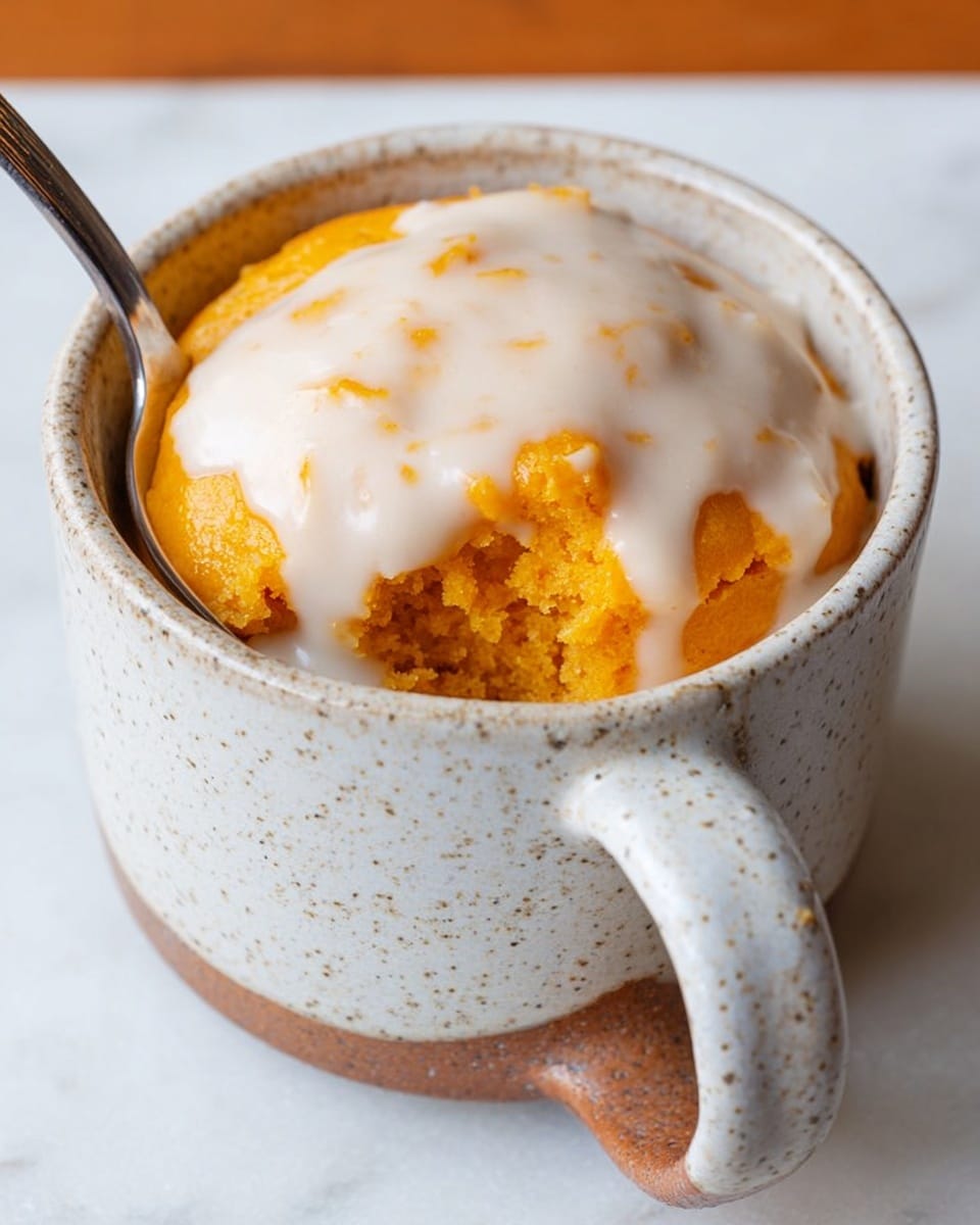 The image shows a light gray ceramic mug filled with bright orange mashed sweet potato, topped with a thick layer of white creamy sauce. The sweet potato has a soft, slightly chunky texture, and the sauce looks smooth and poured over the top, slowly melting into the mash. A silver spoon rests inside the mug, its handle leaning against the rim. The background is a white marbled texture, giving a clean and bright feel. photo taken with an iphone --ar 4:5 --v 7