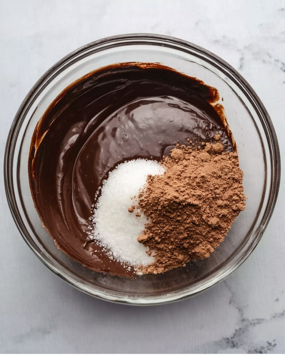 A clear glass bowl sits on a white marbled surface, containing three distinct layers of ingredients. The largest layer is a smooth, dark brown melted chocolate spread over most of the bowl’s bottom and sides. On the right side, a small pile of white sugar rests on top of the chocolate. Next to the sugar, there is a smaller heap of brown powder, likely cocoa powder. The textures contrast between the glossy, thick chocolate and the fine, dry powders. The bowl’s round shape and transparent glass show all the ingredients clearly. Photo taken with an iphone --ar 4:5 --v 7