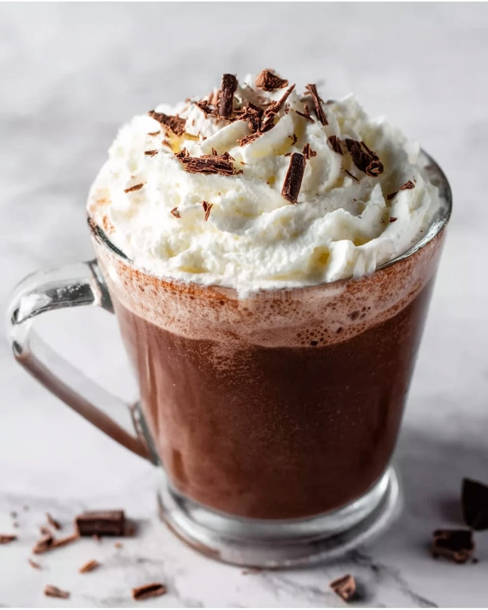 A clear glass mug filled with a thick, dark brown drink topped with a generous swirl of white whipped cream. On top of the whipped cream, there are small curls of dark chocolate scattered unevenly. The mug sits on a white marbled surface with a few small chocolate shavings around it. The handle of the mug is on the left side, and the creamy texture of the drink is visible near the top edges of the glass. Photo taken with an iphone --ar 4:5 --v 7