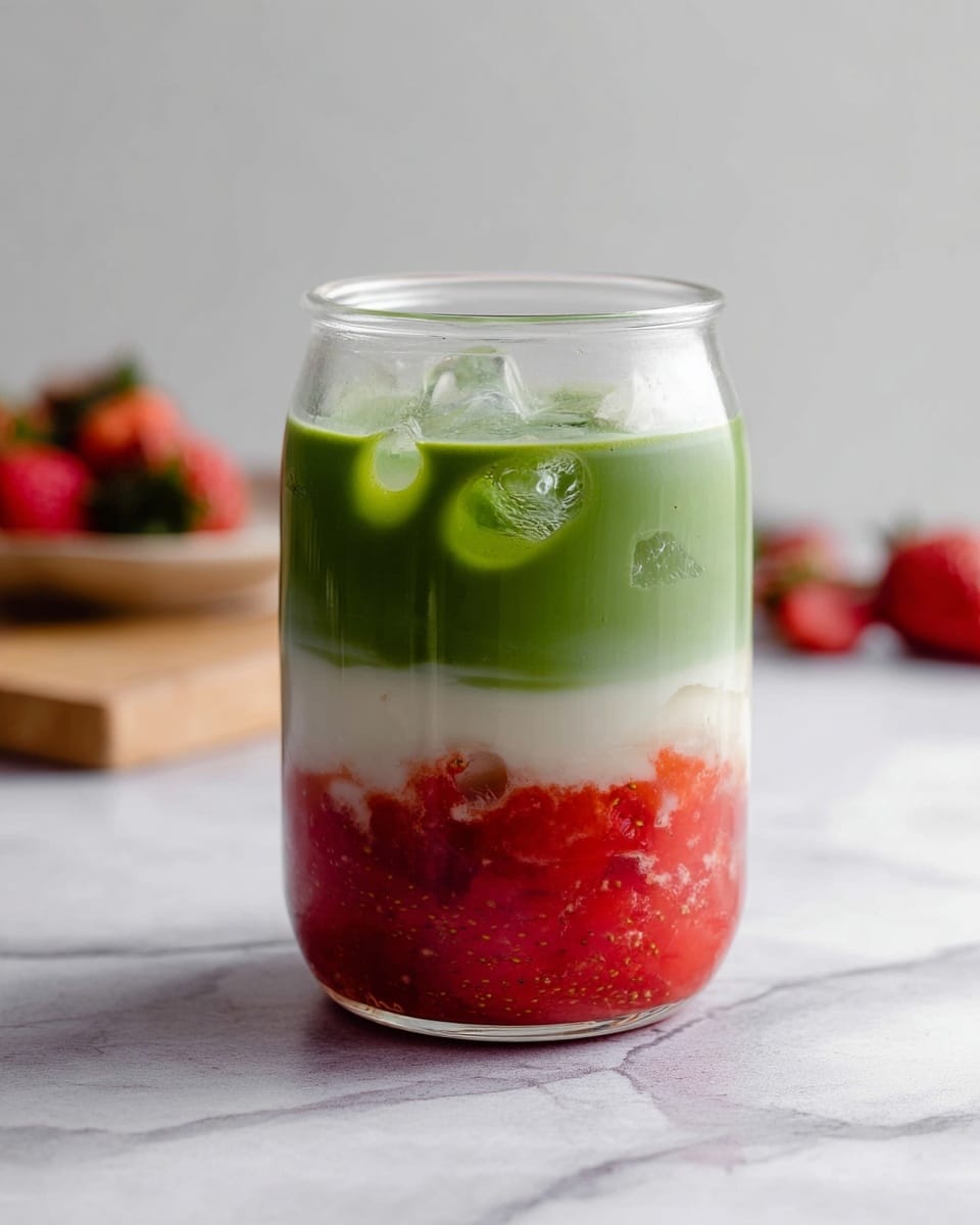 The image shows a clear glass jar with three distinct layers of a drink placed on a white marbled surface. The bottom layer is a chunky, bright red strawberry mixture, rich in texture with small pieces visible. Above that is a smooth, creamy white layer evenly spread. The top layer is a thick, vibrant green, possibly a matcha or green tea drink, with a few ice cubes floating inside, creating a slight transparency. The background is blurred with some strawberries and a wooden board visible. Photo taken with an iphone --ar 4:5 --v 7