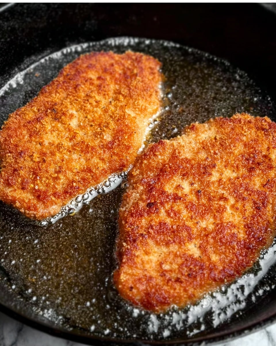 A close-up image of two breaded pieces of meat frying in oil inside a black cast iron pan. The pieces have a golden-brown crust with a slightly rough texture, showing some small bubbles of oil around the edges. The background surface is a white marbled texture. Photo taken with an iphone --ar 4:5 --v 7