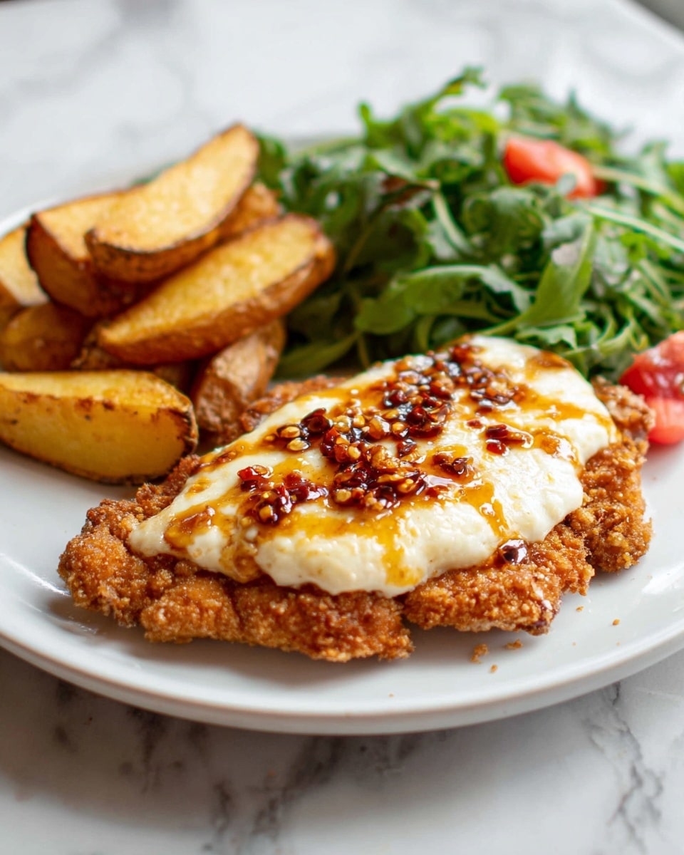 The dish shows a white plate on a white marbled surface. On the plate, there is one large piece of golden brown breaded meat topped with a thick layer of melted white cheese with some red chili flakes and a shiny sauce on top. To the left side of the meat, there are thick potato wedges with a crispy brown color. Behind these, there is a fresh green salad with arugula leaves and some small pieces of red tomato, adding color to the dish. Photo taken with an iphone --ar 4:5 --v 7