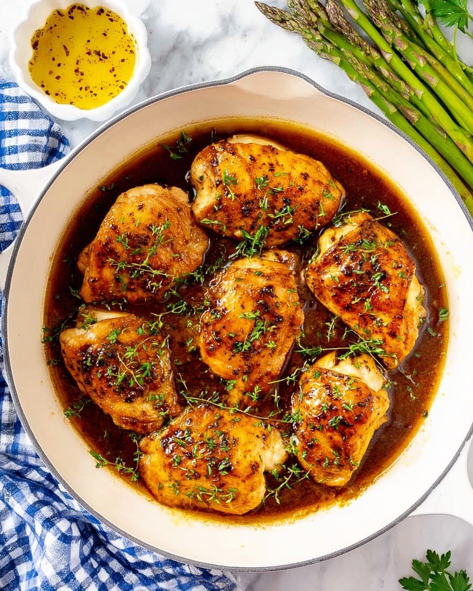 A white round pan holds seven pieces of golden-brown cooked chicken, each piece covered with a shiny, dark brown sauce that pools slightly beneath them. The chicken pieces are sprinkled with small green herb leaves, adding a fresh touch. Around the pan, the surface is a white marbled texture, with fresh green asparagus on the top right and a small bunch of green herbs at the bottom left. To the top left, there is a small white bowl containing a yellow sauce with black specks, resting on a blue and white checkered cloth. photo taken with an iphone --ar 4:5 --v 7