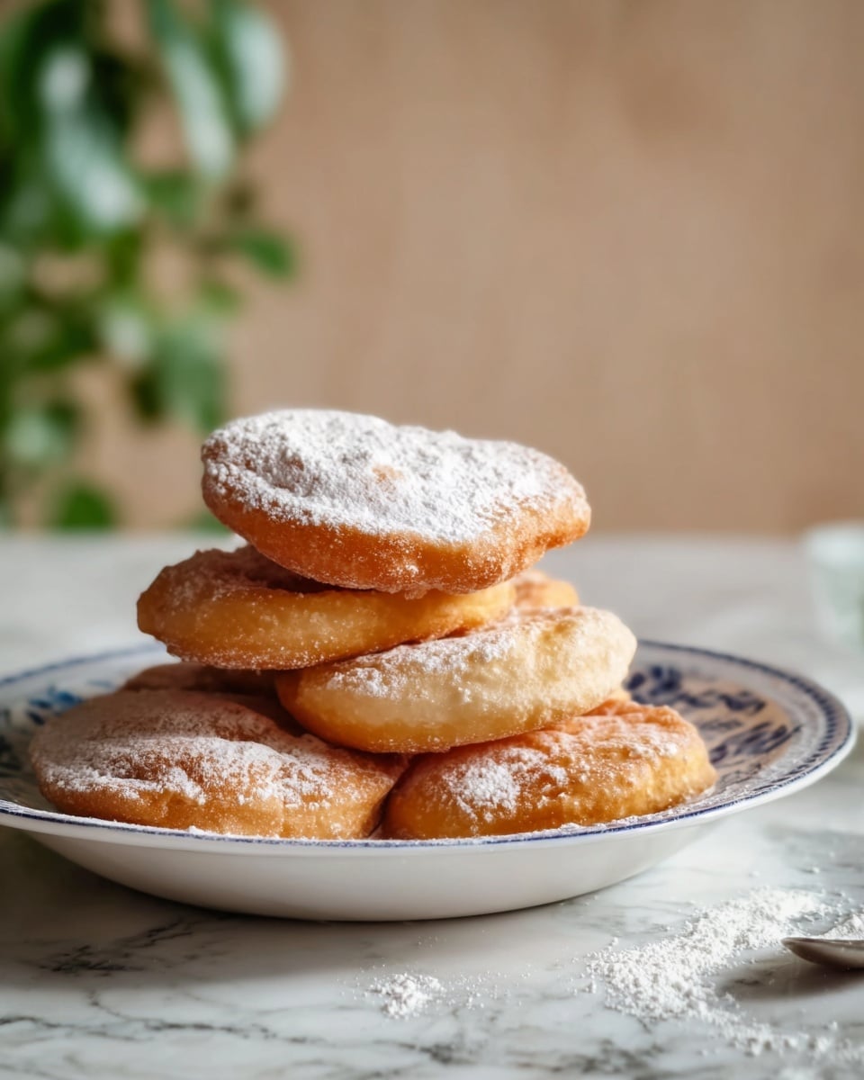 The image shows a stack of six round, fluffy fried breads on a white plate with a blue pattern along the edge, placed on a white marbled surface. Each bread has a golden brown color with a slightly puffy and uneven texture, dusted lightly with white powdered sugar, especially on the top one. The background is softly blurred, featuring a neutral beige wall and green plant leaves on the left side. A spoon can be seen faintly in the bottom right corner. photo taken with an iphone --ar 4:5 --v 7