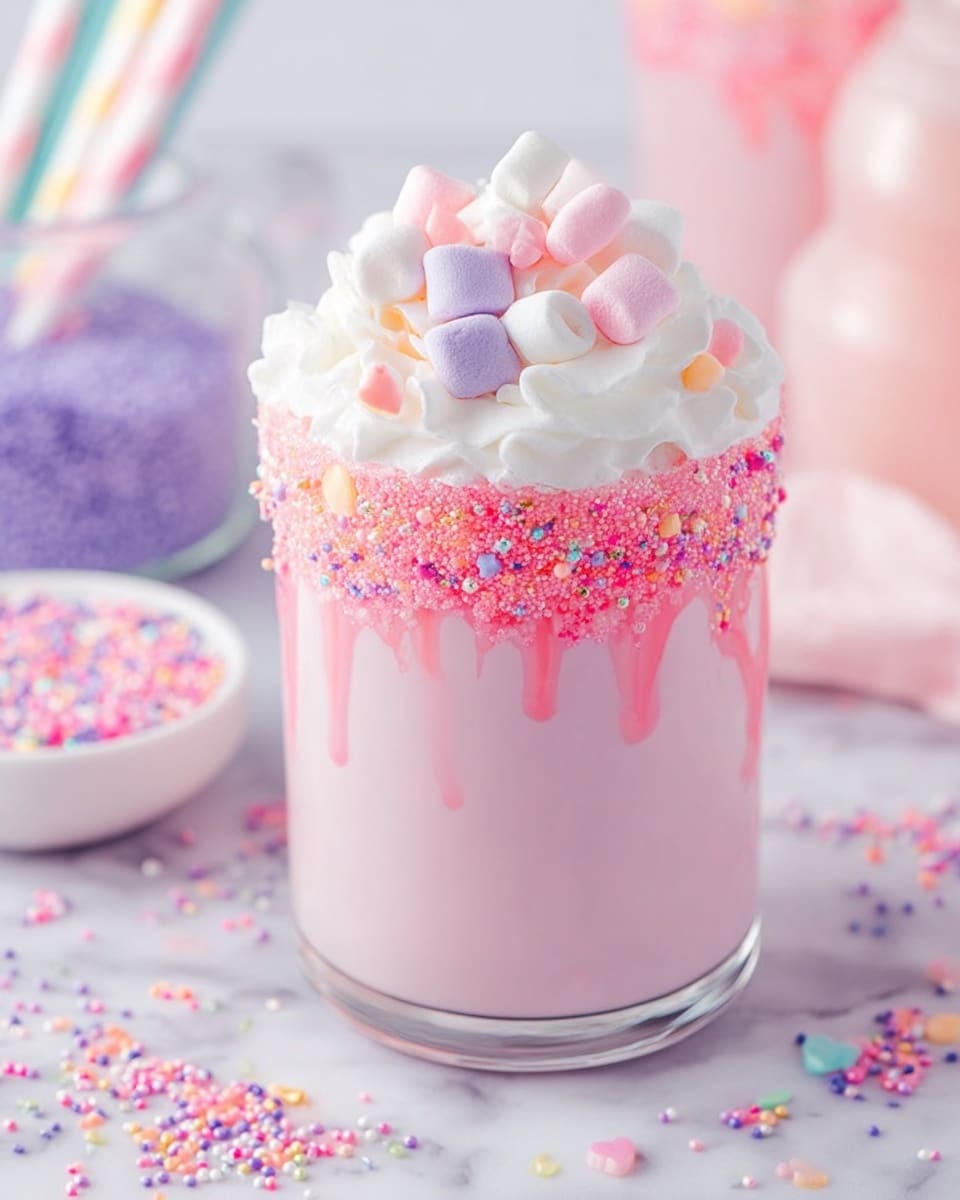 The image shows a clear glass filled with three layers: a smooth, light pink drink at the bottom, a thick white whipped cream layer on top, and colorful small marshmallows scattered over the whipped cream. The glass rim is coated with small pink sprinkles that create a textured border. Additional pink drizzle is on the whipped cream, with tiny purple and pink round sprinkles spread around as decoration. The background is a white marbled texture with a white bowl filled with purple and blue sprinkles and a few pastel-colored straws nearby. photo taken with an iphone --ar 4:5 --v 7