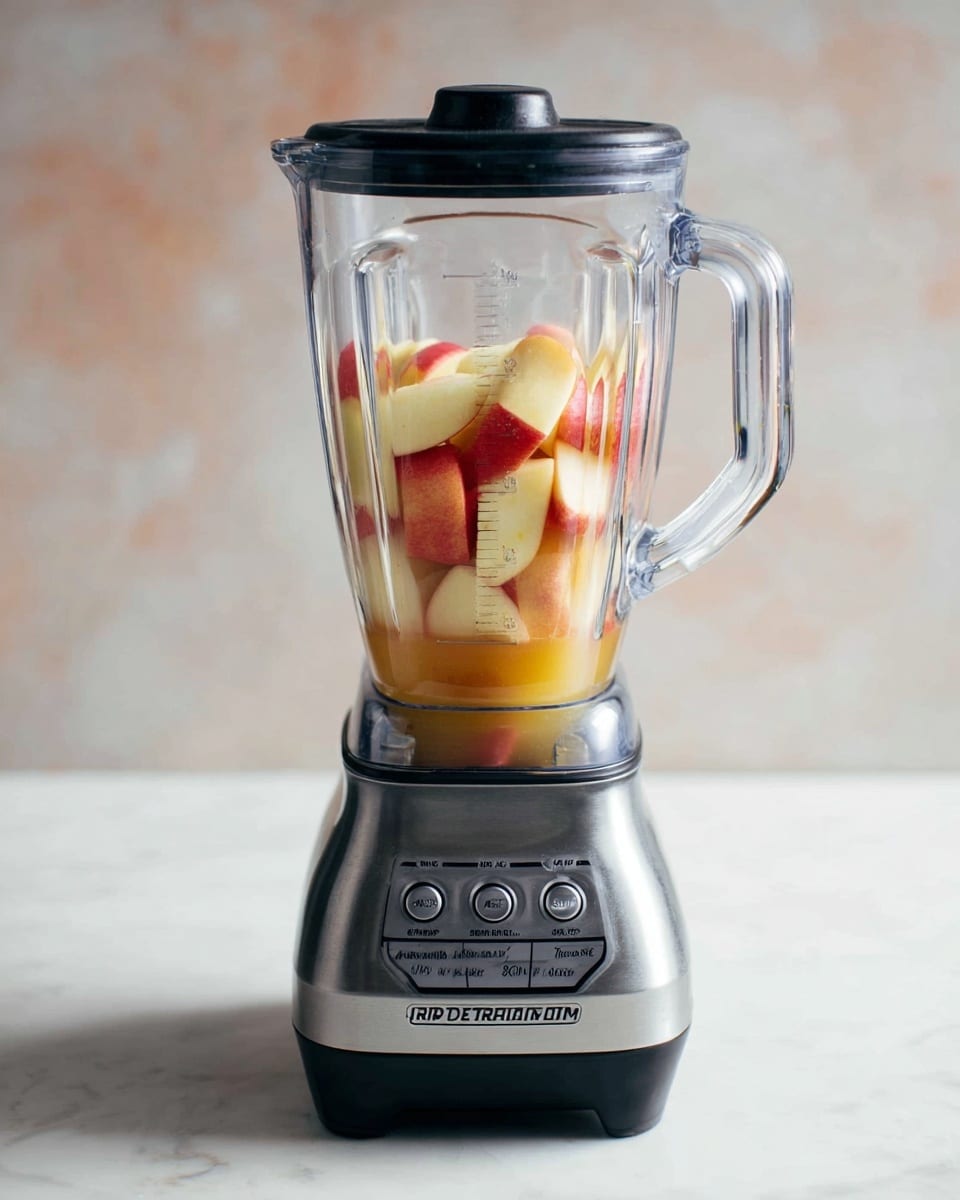 A clear blender with a black handle is filled with sliced pieces of red and yellow apples, layered inside with a liquid that looks like juice covering the fruit. The base of the blender is silver with black buttons and labels showing different speed options. It sits on a white marbled surface with a light, soft background. photo taken with an iphone --ar 4:5 --v 7