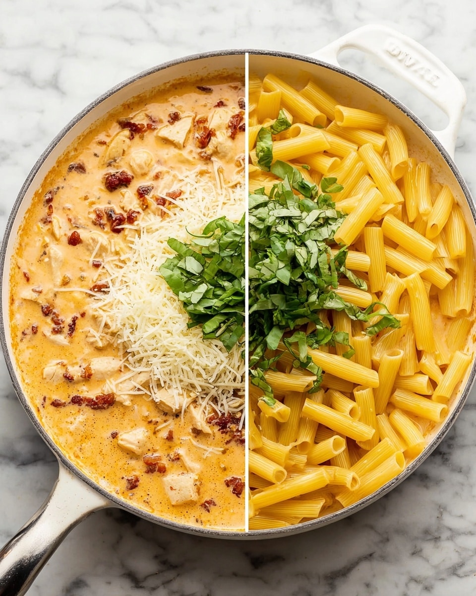 The image shows a white pan with a creamy orange sauce filled with small pieces of cooked chicken and bits of sun-dried tomato. On the left side, the sauce is topped with a layer of finely grated white cheese and a pile of torn fresh green basil leaves in the center. On the right side, the same orange sauce has a pile of uncooked yellow tube-shaped pasta resting on top. The pan is set on a white marbled surface. photo taken with an iphone --ar 4:5 --v 7