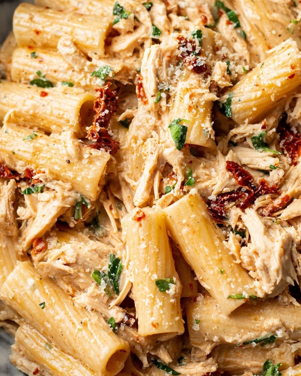 The image shows a close-up of rigatoni pasta mixed with shredded chicken in a creamy, light beige sauce. The pasta tubes are thick and ridged, coated well with the sauce, and interspersed with small bits of sun-dried tomatoes and scattered green herbs. There is a sprinkling of grated cheese on top, adding texture and a slightly grainy look. The sauce looks smooth and rich, covering both the pasta and chicken pieces evenly. The background is a white marbled texture. photo taken with an iphone --ar 4:5 --v 7