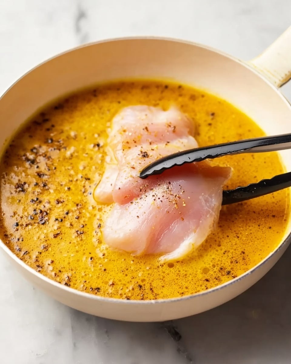 A close-up of a white pan on a white marbled surface with a thick orange-yellow sauce inside. Two pieces of light pink raw chicken are being held by black tongs, lowered into the sauce. The sauce has visible pepper flakes sprinkled on top, giving a speckled dark texture. The lighting is soft, showing the shine and texture of both the sauce and raw chicken. Photo taken with an iphone --ar 4:5 --v 7
