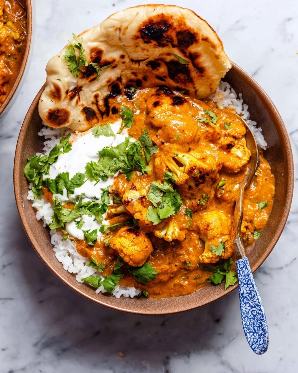 A bowl with a base layer of white rice topped by a thick orange curry sauce with pieces of cooked cauliflower. On one side, a dollop of white cream contrasts with the curry. A piece of toasted flatbread, golden brown with charred spots, rests partially inside the bowl, leaning against the edge. Fresh green cilantro leaves are scattered on top, adding a fresh touch. A blue patterned spoon is placed inside the bowl on the right side. The bowl is placed on a white marbled surface. photo taken with an iphone --ar 4:5 --v 7