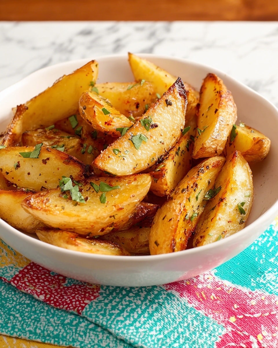 The image shows a white bowl filled with golden roasted potato wedges. The wedges have a slightly crispy, browned outer layer with some charred spots and a tender, softer inside. They are sprinkled with small pieces of fresh green herbs, likely parsley or cilantro, adding a touch of color and freshness. The bowl sits on a colorful cloth with a white marbled surface underneath, giving a cozy, warm feeling to the scene. photo taken with an iphone --ar 4:5 --v 7