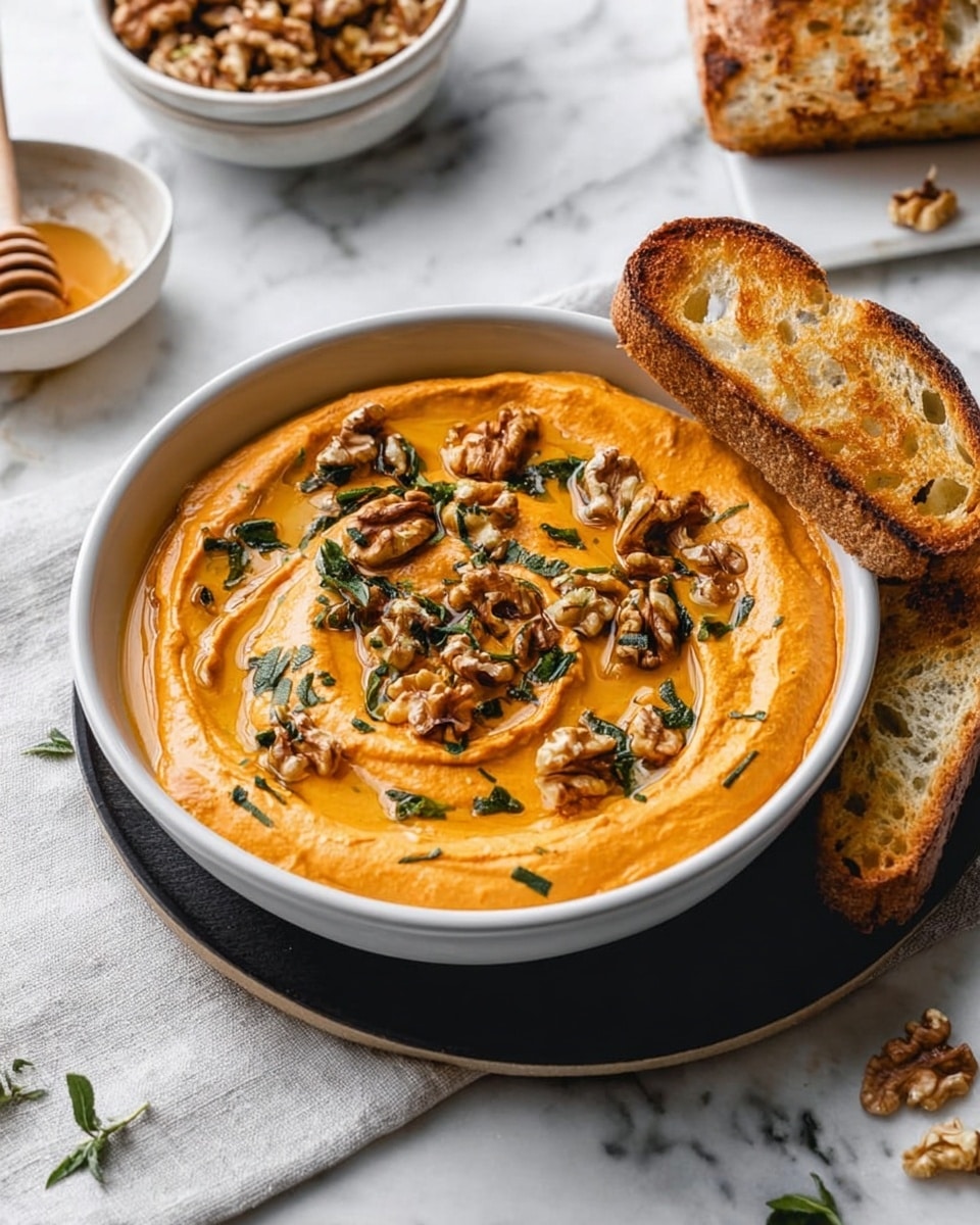 A white bowl filled with a creamy orange dip that has a smooth texture, topped with scattered pieces of walnut and small green herb leaves. On the right side, two pieces of toasted bread with a crispy golden crust lean against the dip. The bowl is placed on a dark round plate, all set on a white marbled surface with a light-colored cloth nearby. In the background, there is a white bowl with walnut pieces and a small bowl with honey and a wooden honey dipper. Photo taken with an iphone --ar 4:5 --v 7