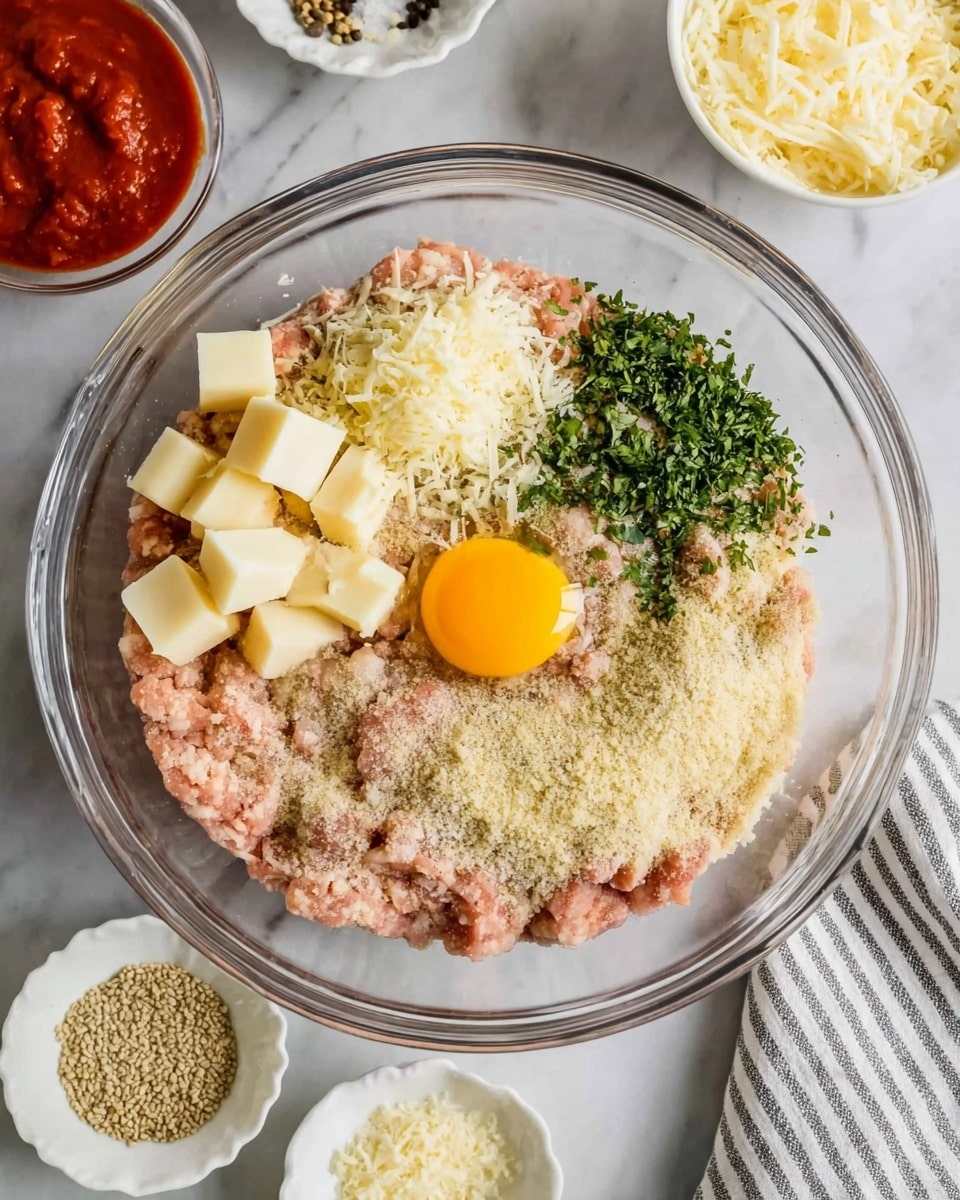 A clear glass bowl contains several ingredients arranged in separate sections. There is a large portion of light pink ground meat forming the base. On top of the meat, there are small cubes of pale yellow cheese on the bottom left side. To the right of the cheese cubes is a pile of finely chopped green herbs. Next to the herbs is a small mound of finely grated pale yellow cheese. Covering the right side of the meat is a layer of light beige breadcrumbs. Near the center, an uncooked egg yolk sits prominently, its bright yellow color contrasting with the other ingredients. Small black pepper flakes are sprinkled near the egg yolk. Around the bowl are smaller white bowls with red sauce, white shredded cheese, and light-colored grains, all set on a white marbled surface with a striped cloth nearby. Photo taken with an iphone --ar 4:5 --v 7