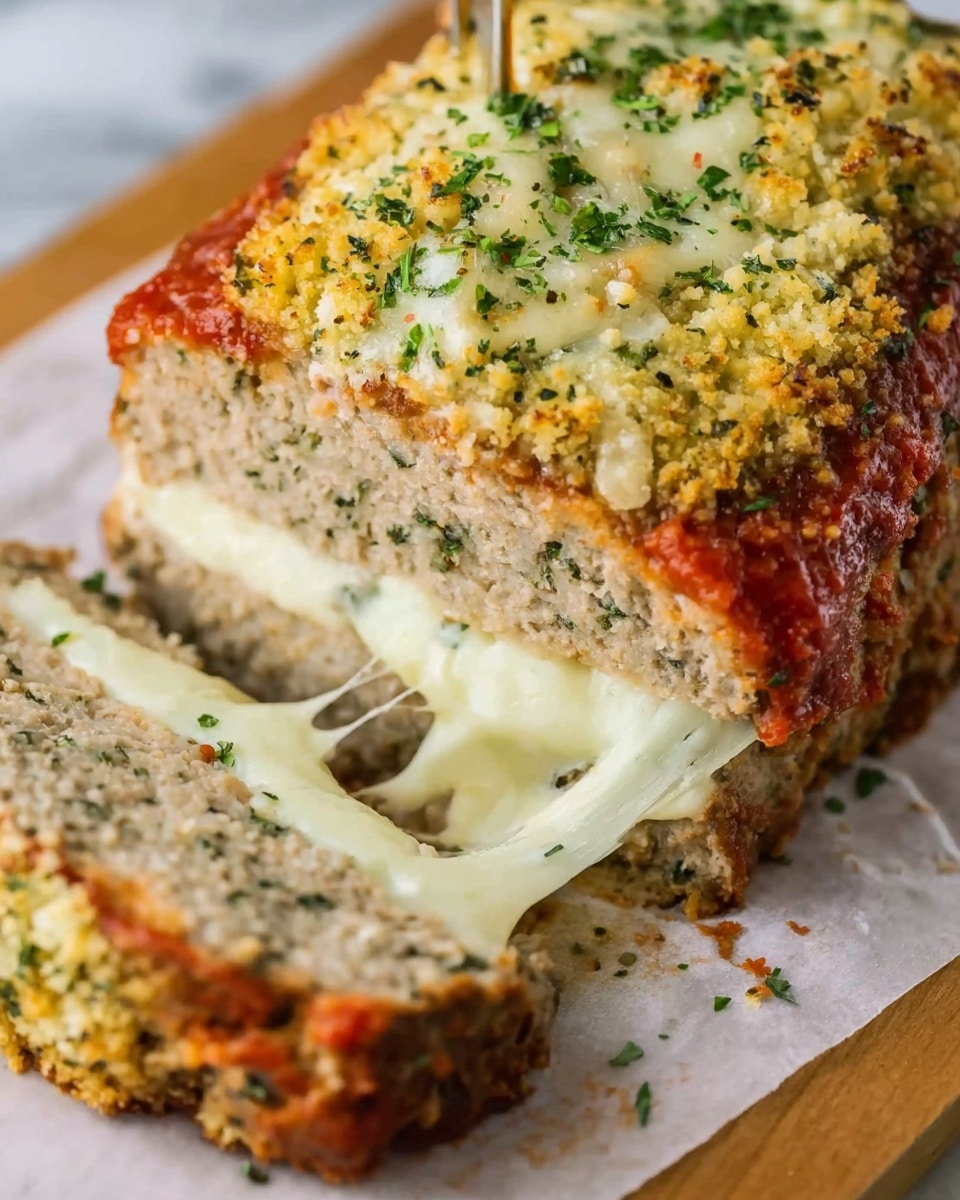 A close-up of a thick meatloaf loaf with three distinct layers: the bottom layer is a dense, light beige meat mixture with visible green herbs; the middle layer is melted white cheese stretching slightly as a slice is pulled away; the top layer is a golden brown crumbly crust with yellow breadcrumbs and green herb bits sprinkled over a smooth reddish tomato sauce layer. The loaf is resting on parchment paper placed on a cutting board, all set on a white marbled surface. photo taken with an iphone --ar 4:5 --v 7