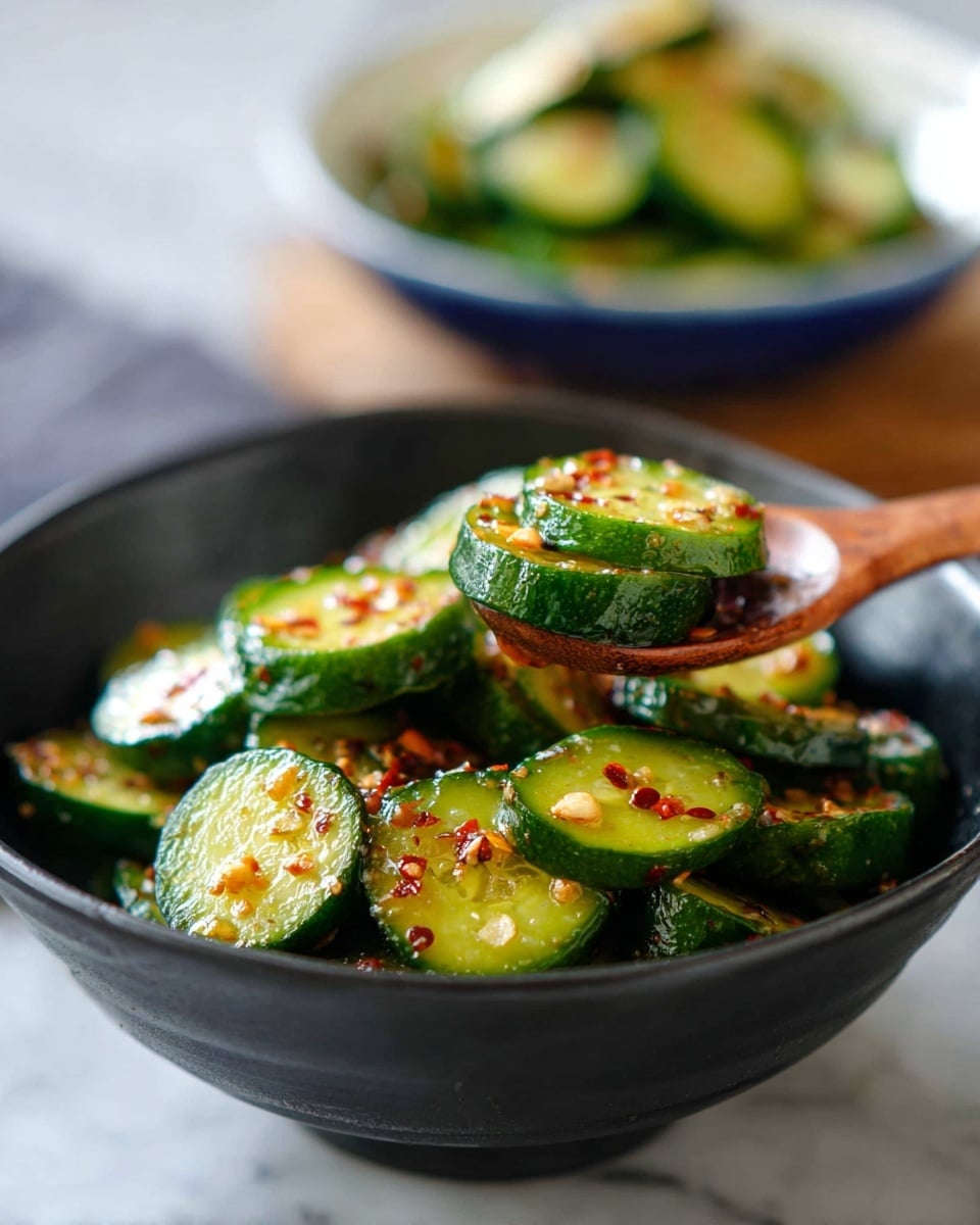 A black bowl filled with about two layers of cucumber slices, each slice thick with dark green skin and soft pale green inside. The cucumber slices are coated with a shiny layer of red chili flakes and small bits of garlic, giving a slightly rough texture on top. A wooden spoon is lifting some slices out of the bowl. In the blurred background, another bowl with similar cucumber slices in a white bowl with a blue inside coloring sits on a gray surface. The whole scene is set on a white marbled surface. photo taken with an iphone --ar 4:5 --v 7