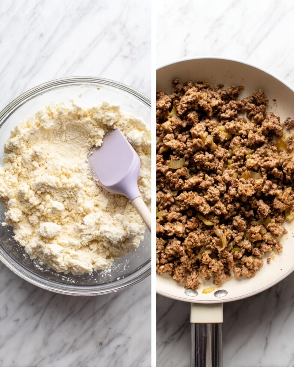 The image shows two views side by side on a white marbled surface. On the left, a clear glass bowl contains a mix of soft, crumbly white and light beige ingredients with some small darker spots, with a light purple silicone spatula resting inside it. On the right, there is a white frying pan filled with cooked ground meat that is brown with some darker edges and small pieces of yellowish onion mixed in. The frying pan is placed on the same white marbled surface. photo taken with an iphone --ar 4:5 --v 7