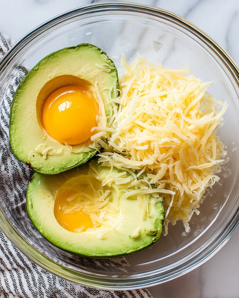 A clear glass bowl holds three main layers visible from above: two halves of a bright green avocado with a smooth texture, a raw egg yolk with a shiny orange-yellow color, and a heap of pale yellow shredded cheese on one side. The avocado halves sit at the bottom and right edges of the bowl, while the egg yolk is on the left side nestled close to one avocado half. The shredded cheese is piled on the right upper side, partially covering the avocado. The bowl is placed on a white marbled surface with a striped cloth partially visible near the bottom edge. Photo taken with an iphone --ar 4:5 --v 7