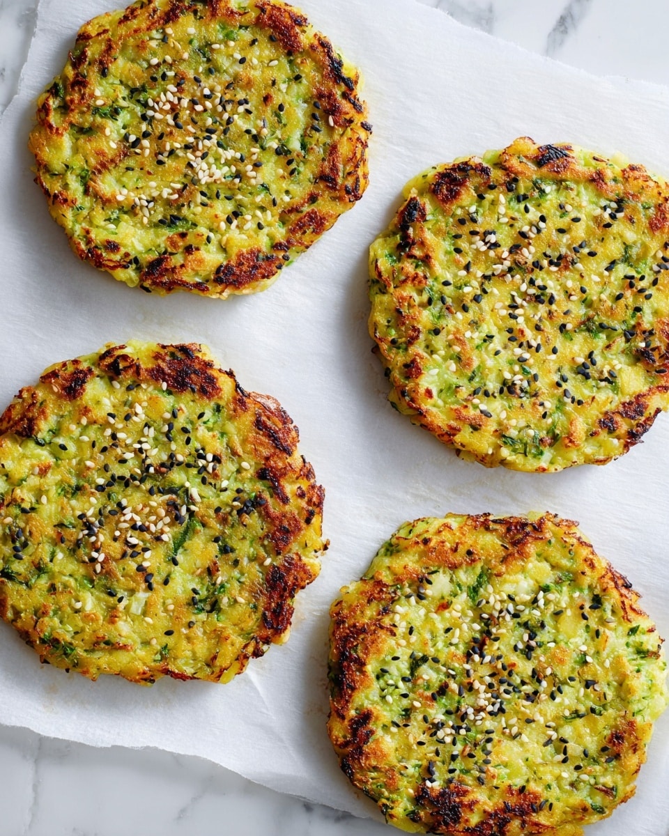 Four round, flat patties with a 2-layer look sit on white parchment paper over a white marbled surface. Each patty has a bright yellow-green top layer mixed with small chunks and sprinkled with black and white sesame seeds, showing some light bubbling and crisp golden-brown edges, creating a textured look. The bottom layer peeks out around the edges with a darker, more browned color, giving a slightly crispy contrast. They are evenly spaced in a square layout, and the photo taken with an iphone --ar 4:5 --v 7