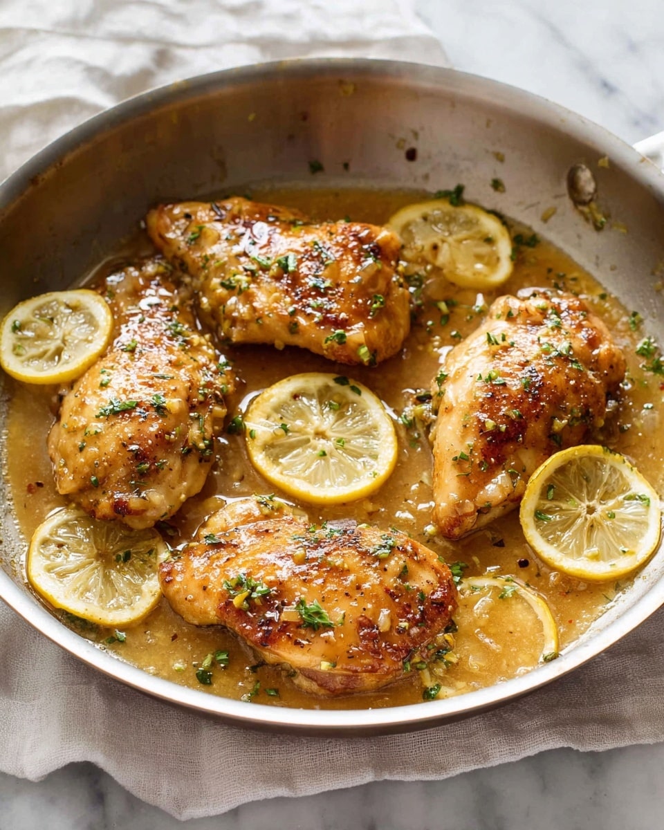 A pan with four cooked golden brown chicken pieces covered in a shiny sauce, sprinkled with small green herb bits. Around the chicken pieces are thin yellow lemon slices, partially floating in the light brown sauce. The pan is placed on a white marbled surface with a light cloth underneath. The chicken pieces have a slightly crispy texture and the sauce looks smooth and glossy. Photo taken with an iphone --ar 4:5 --v 7