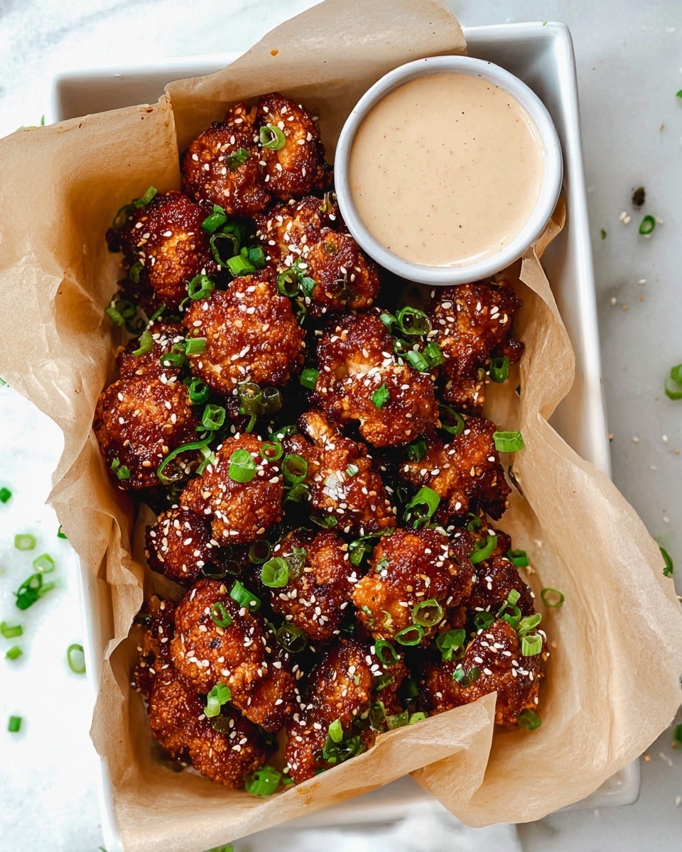 A white rectangular tray lined with light brown parchment paper holds multiple pieces of crispy, dark brown, glazed cauliflower bites with a crunchy texture. The bites are scattered with white sesame seeds and bright green chopped scallions. To the upper right inside the tray, there is a small white round bowl filled with a creamy beige dipping sauce. The tray sits on a white marbled surface, with some chopped scallions and sesame seeds scattered around it. Photo taken with an iphone --ar 4:5 --v 7