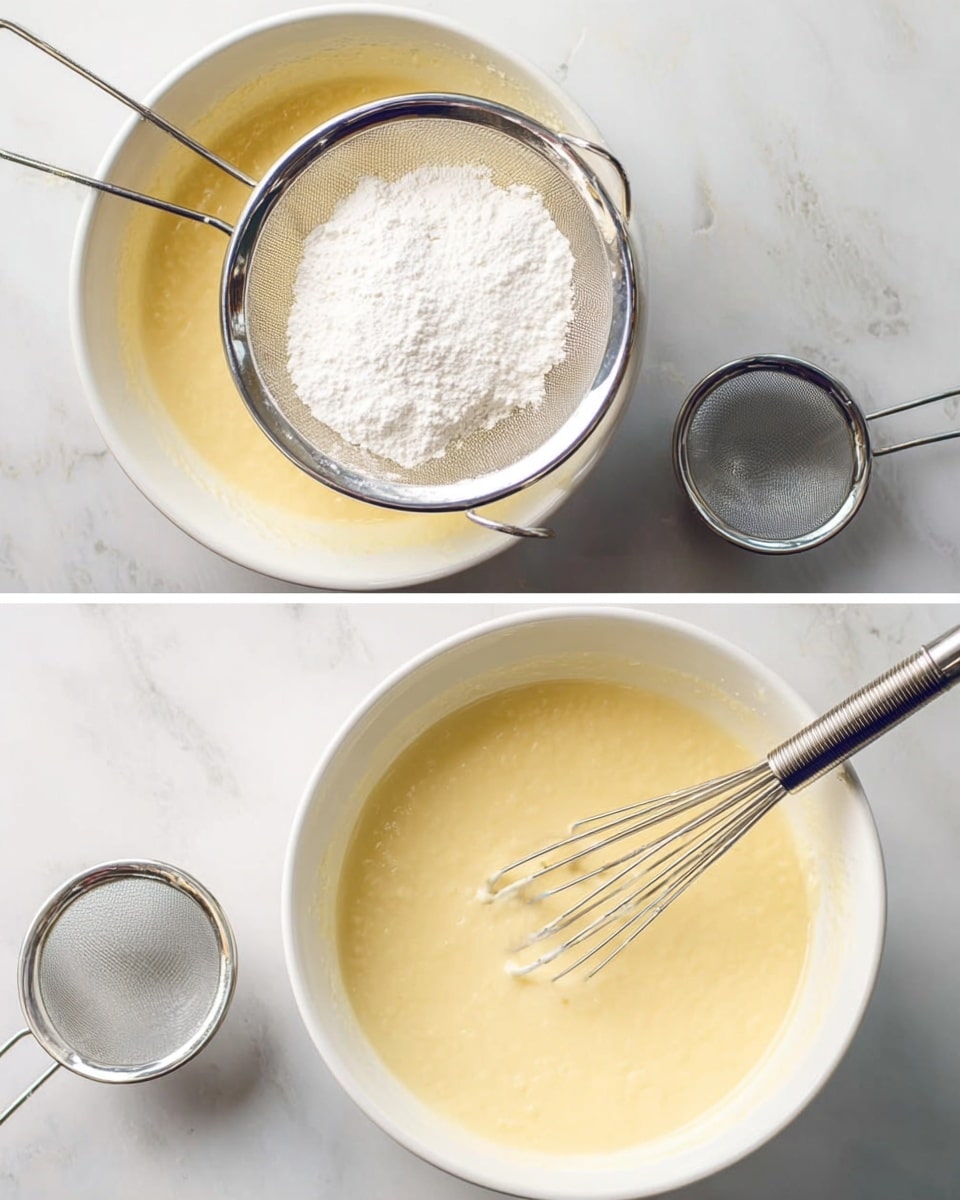 The image shows two white bowls placed on a white marbled surface. The left bowl contains a light yellow creamy mixture, and a silver sieve is held above it, sifting white flour into the mixture. A metal whisk is partially inside the bowl, mixing the ingredients. The right bowl holds the same light yellow mixture but now smooth and well-mixed, with the whisk resting inside. The silver sieve and another small metal sieve lie beside the right bowl. The overall scene is bright and clean, focusing on the light batter in the white bowls. photo taken with an iphone --ar 4:5 --v 7