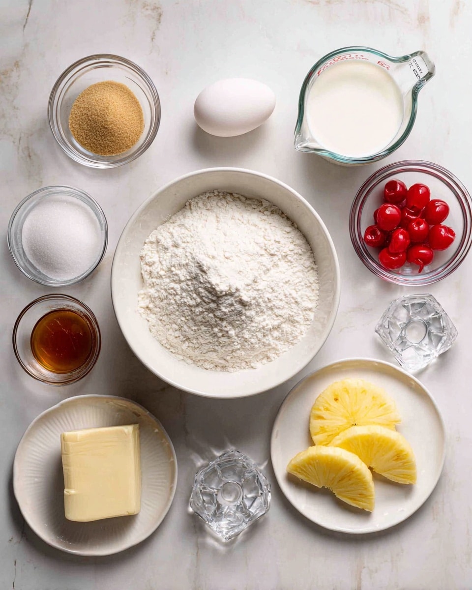 A top view of baking ingredients neatly arranged on a white marbled surface. In the center, there is a white bowl with a mound of white flour inside. Around it, clear glass bowls hold light brown sugar, white sugar, red maraschino cherries, and a small amount of honey. A clear measuring cup contains white milk. A whole white egg and a small crystal bowl of salt sit above the flour bowl. To the right, white plates hold two yellow pineapple slices and a piece of pale yellow butter. The arrangement is clean and simple with neutral and bright colors. Photo taken with an iphone --ar 4:5 --v 7