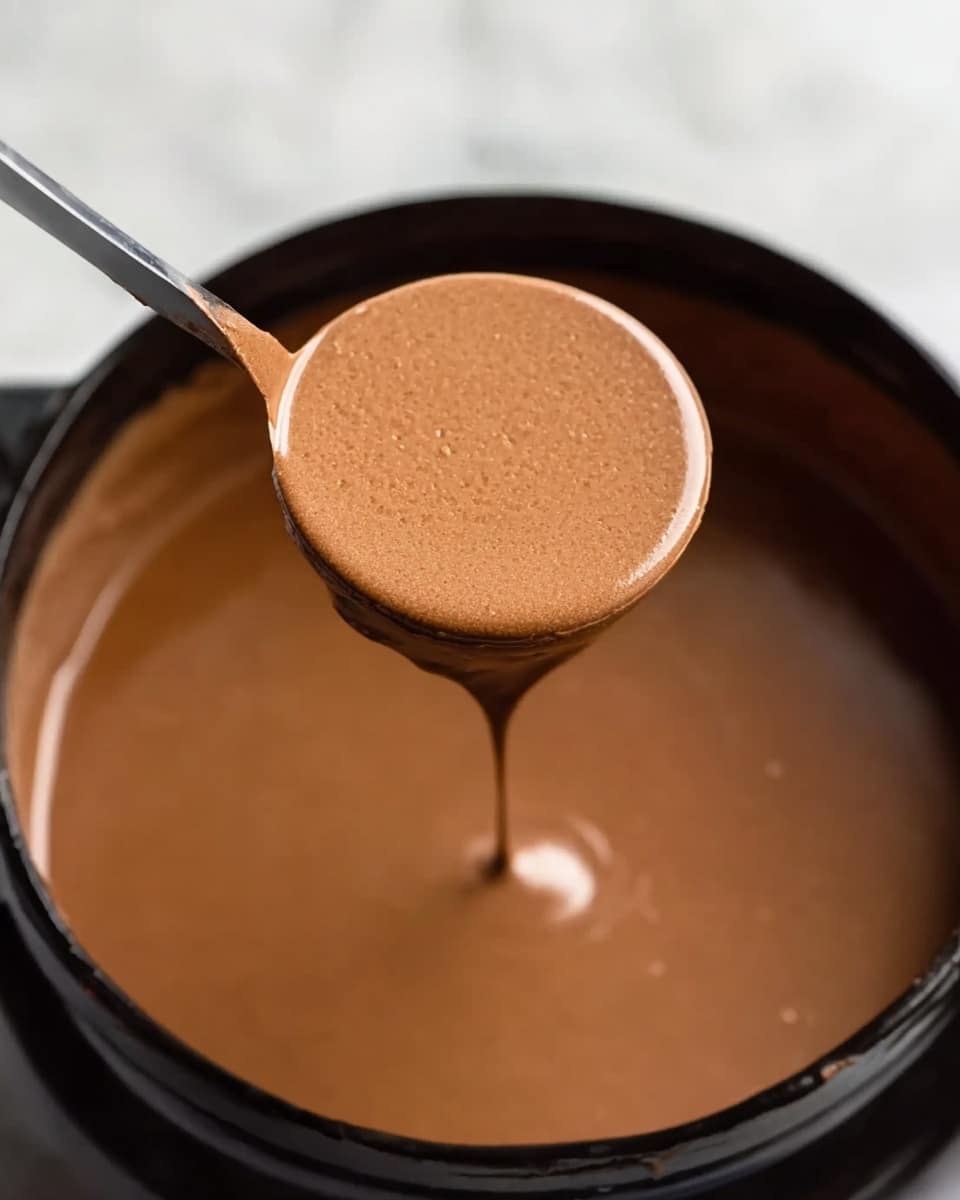 The image shows a close-up of a large black pot filled with smooth, light brown chocolate sauce. A metal ladle is lifted above the pot, holding a round scoop of the thick, creamy sauce that slightly drips back into the pot. The background surface is a white marbled texture. photo taken with an iphone --ar 4:5 --v 7