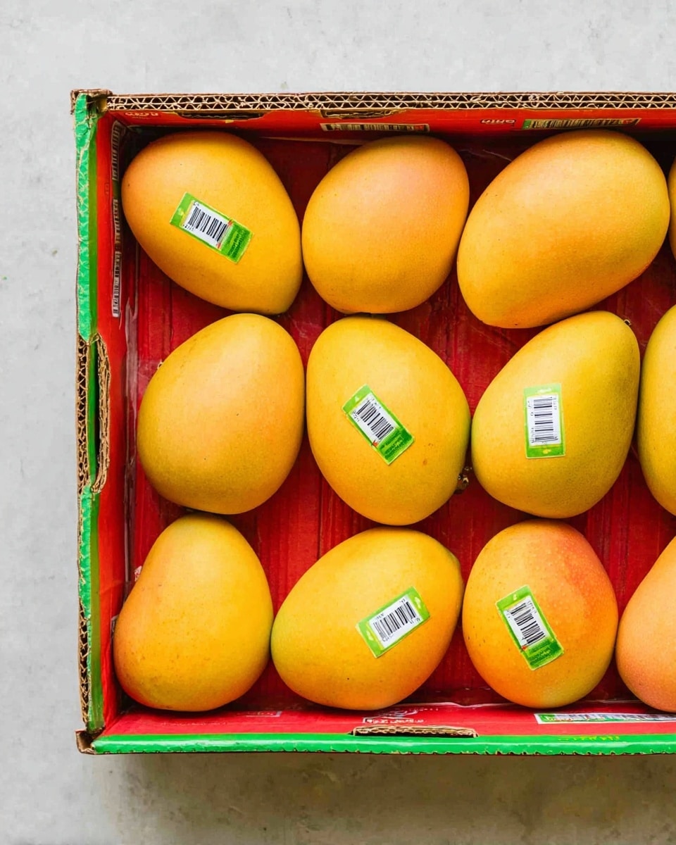 The image shows a cardboard box filled with twelve ripe mangoes arranged in three rows. Each mango is smooth with a yellow-orange color and has a small green sticker with a barcode on it. The interior of the box is red, and the outside edges are green with brown cardboard borders. The box sits on a white marbled textured surface. photo taken with an iphone --ar 4:5 --v 7
