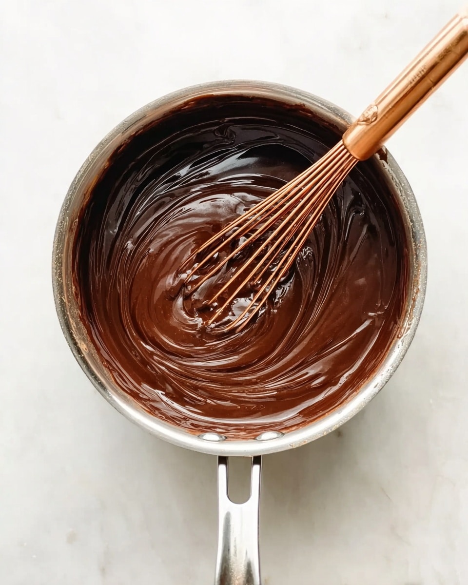 A shiny silver pot sitting on a white marbled surface holds a thick, smooth dark chocolate batter. Inside the pot, a copper whisk rests, partly dipped in the batter, showing swirled patterns on the glossy surface. The edges of the pot emphasize the rich texture and shine of the chocolate mixture, with no other objects in the scene. Photo taken with an iphone --ar 4:5 --v 7