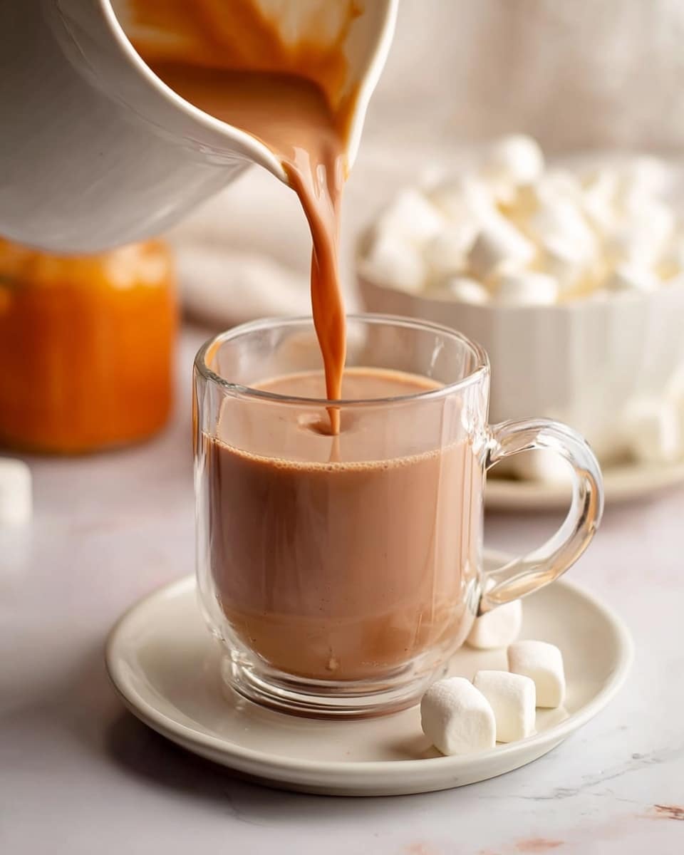 A clear glass cup with a handle is placed on a white plate with a few small white marshmallows beside it. A light brown creamy liquid is being poured into the glass from a white container held slightly above, creating a smooth flow and filling the cup almost to the top. In the blurred background, there is a white bowl filled with small marshmallows and an orange jar. The surface under everything is a white marbled texture, and the lighting gives the scene a warm, cozy feel. Photo taken with an iphone --ar 4:5 --v 7
