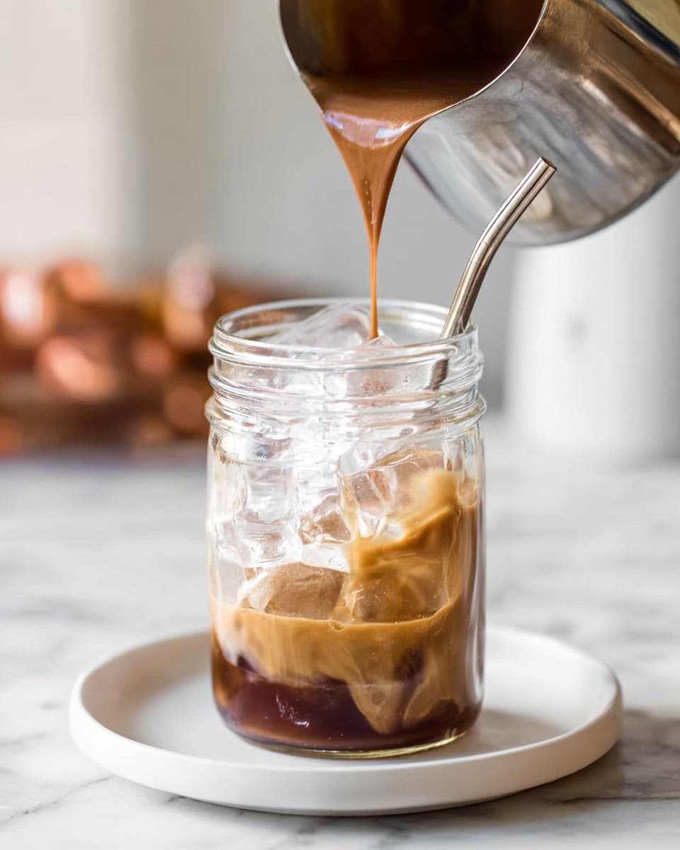 A clear glass jar with ice cubes inside sits on a white plate on a white marbled surface. A rich brown liquid is being poured into the jar from a small silver pot above it, creating layers of creamy, smooth texture mixing with the ice. A shiny silver metal straw is placed inside the jar, leaning slightly to the right. The background is softly blurred, showing indistinct shapes in warm tones. photo taken with an iphone --ar 4:5 --v 7