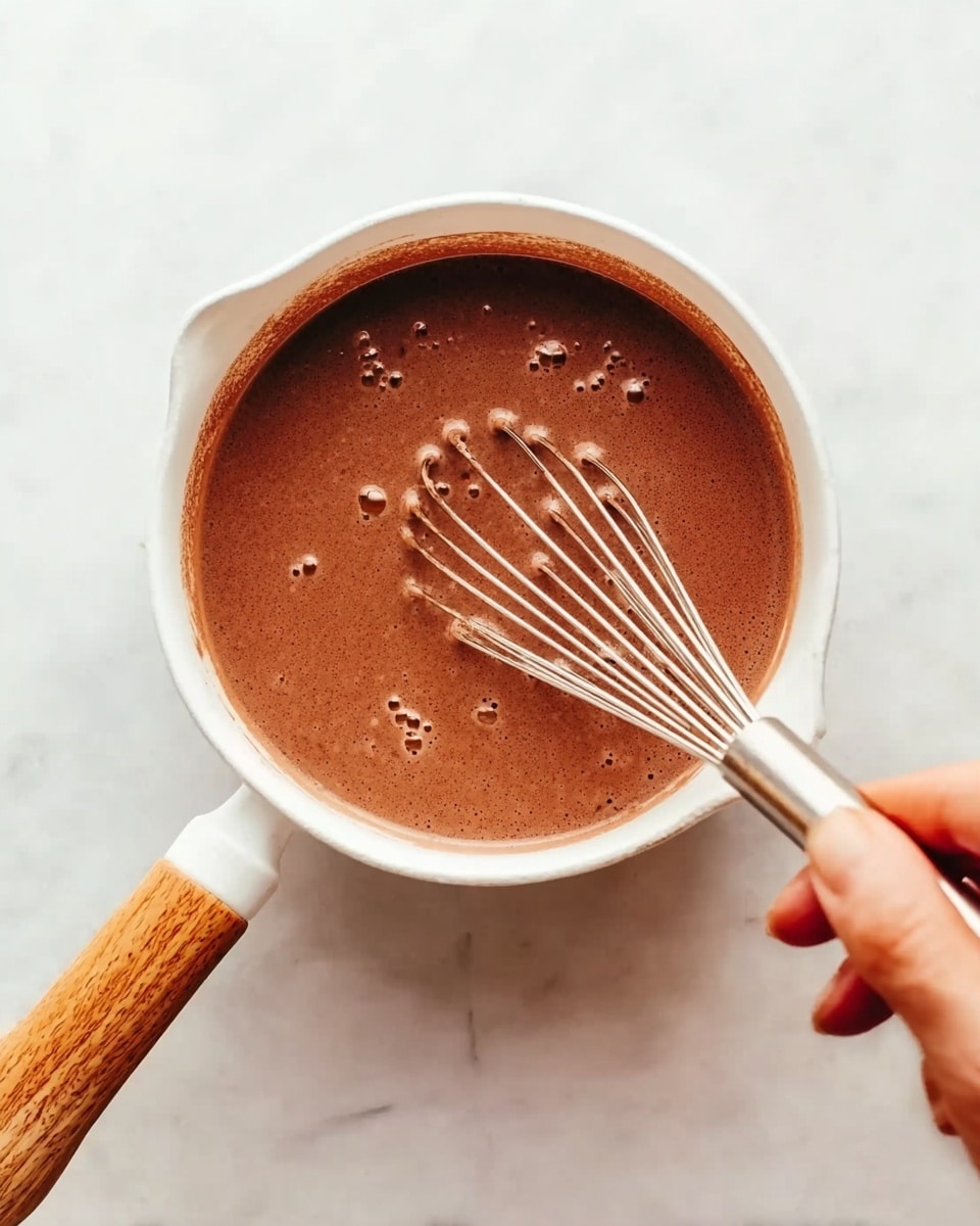 The image shows a close-up of a white saucepan filled with a smooth, rich brown liquid, likely chocolate sauce, being stirred with a whisk held by a woman's hand. The rich brown liquid has small bubbles on the surface, showing motion from stirring. The saucepan has a wooden handle, and it's placed on a white marbled texture surface. The scene is bright and clean, emphasizing the smooth texture of the chocolate sauce and the simple act of stirring. Photo taken with an iphone --ar 4:5 --v 7