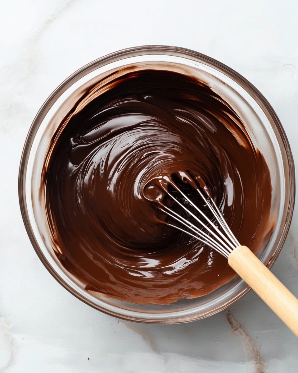 The image shows a clear glass bowl placed on a white marbled surface, filled with a thick, smooth layer of dark brown melted chocolate being stirred. A metal whisk with a light wooden handle is partially visible in the bowl, stirring the chocolate in a circular motion, creating shiny swirls and waves on the surface. The textures of the chocolate appear glossy and creamy, showing rich, even coverage within the bowl. Photo taken with an iphone --ar 4:5 --v 7