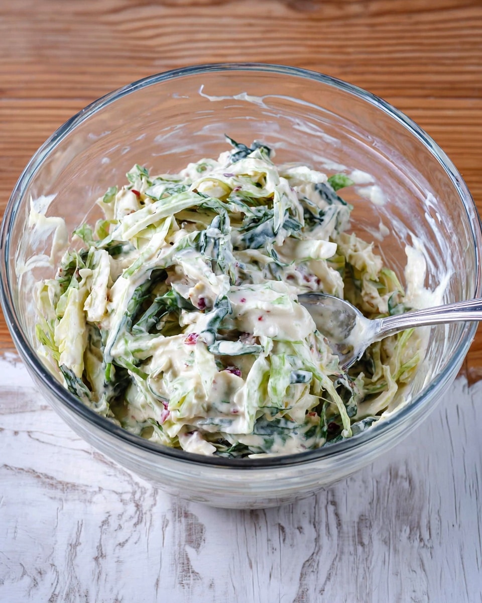 A clear glass bowl filled with creamy coleslaw is placed on a wooden surface with a white marbled texture nearby. The coleslaw shows layers of shredded light green and white cabbage mixed with small pieces of dark green leafy herbs, all coated in a thick, creamy white dressing with tiny red specks scattered throughout. A silver spoon is partially submerged on the right side of the bowl, with some coleslaw holding onto it. The bowl itself has a smooth, round shape with some dressing clinging to the inner sides. photo taken with an iphone --ar 4:5 --v 7