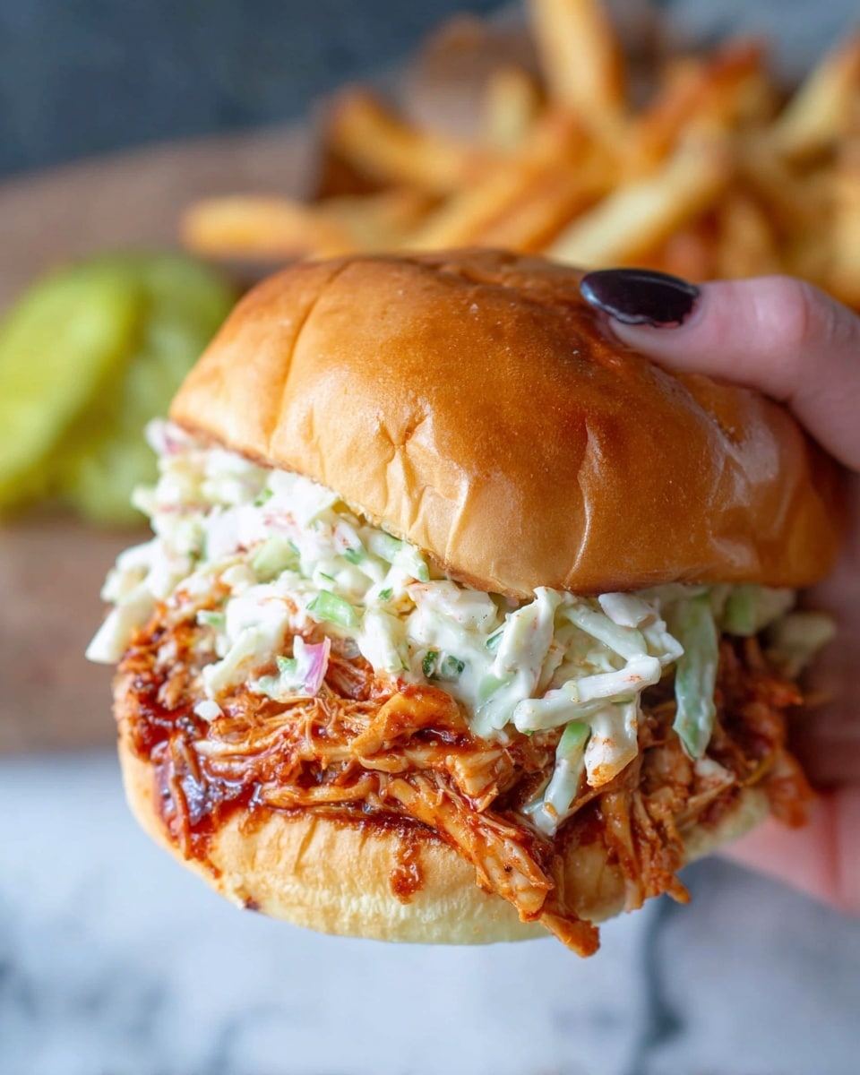 A close-up of a sandwich held by a woman's hand with dark nail polish shows three main layers inside a soft golden brown bun: shredded meat coated in a rich reddish-brown sauce at the bottom, a thick layer of creamy white coleslaw with bits of red pepper in the middle, and the top bun with a slightly shiny surface. In the blurred background, there are crispy golden fries and a slice of bright green pickle on a white marbled surface. The photo taken with an iphone --ar 4:5 --v 7