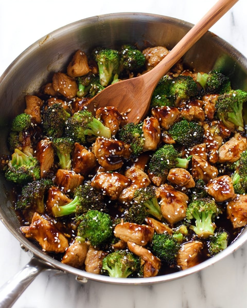 The image shows a close-up of a dish with small, evenly sized pieces of brown glazed chicken mixed with bright green broccoli florets. The chicken pieces are coated in a shiny sauce sprinkled with white and black sesame seeds. A wooden spoon is in the middle of the dish, lifting a few pieces of chicken and broccoli. The dish is placed on a white marbled surface. photo taken with an iphone --ar 4:5 --v 7