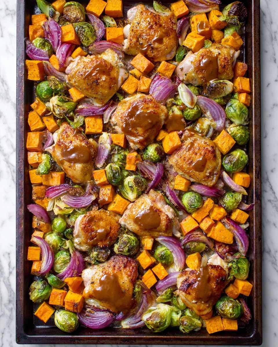 A white round plate on a white marbled surface holds a meal with three layers: the bottom layer shows roasted orange sweet potato cubes and green Brussels sprouts mixed with cooked red onion pieces; the middle layer is a bit of browned sauce coating the vegetables; and the top layer has two golden brown roasted chicken thighs covered with herbs and seasoning. There is a silver fork placed on the upper edge of the plate. photo taken with an iphone --ar 4:5 --v 7