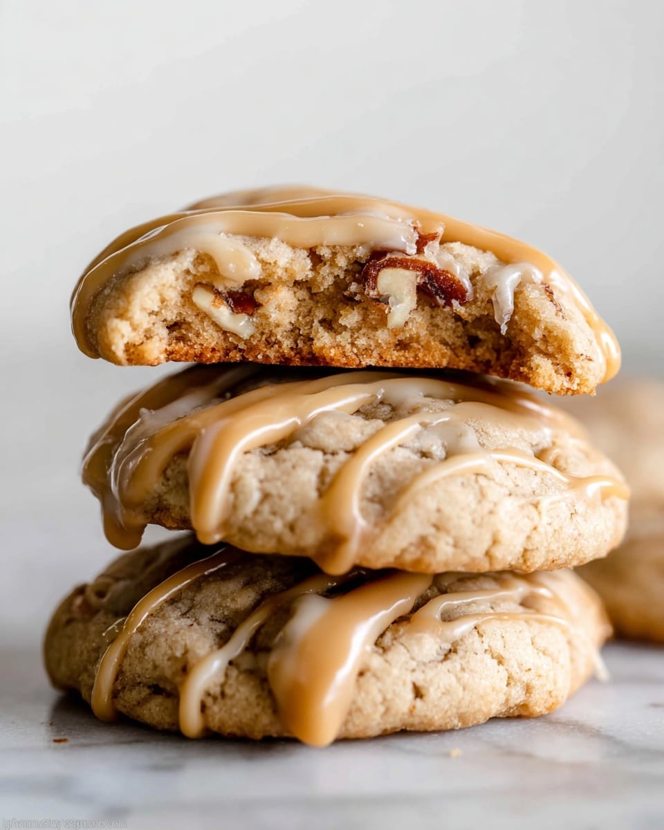 A stack of three soft, thick cookies sits on a white marbled surface, each cookie topped with light caramel-colored drizzle that glistens gently. The bottom and middle cookies are whole with visible small nut pieces, showing a light golden-brown texture. The top cookie is broken in half, revealing a chewy interior with mixed nuts and darker caramel bits inside. The cookies' surface shows a slightly cracked texture and the drizzle flows evenly across each cookie’s top, highlighting their rich, tender look. Photo taken with an iphone --ar 4:5 --v 7