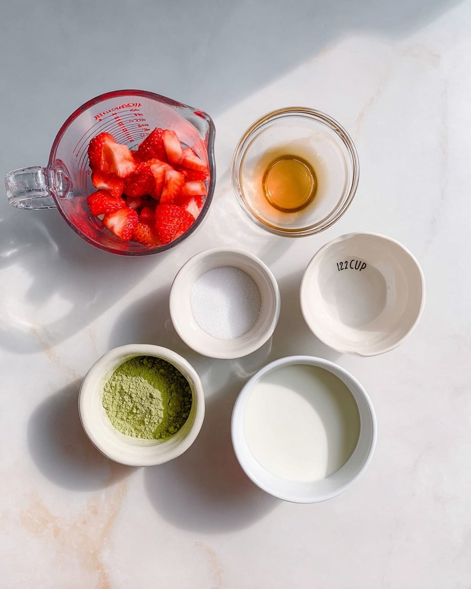 The image shows six small containers with different ingredients arranged on a white marbled surface. On the left, there is a clear measuring cup with chopped red strawberries. Above it is a small clear glass bowl with a golden liquid, possibly honey or syrup. In the center are two small white bowls, one with white granulated sugar and the other marked