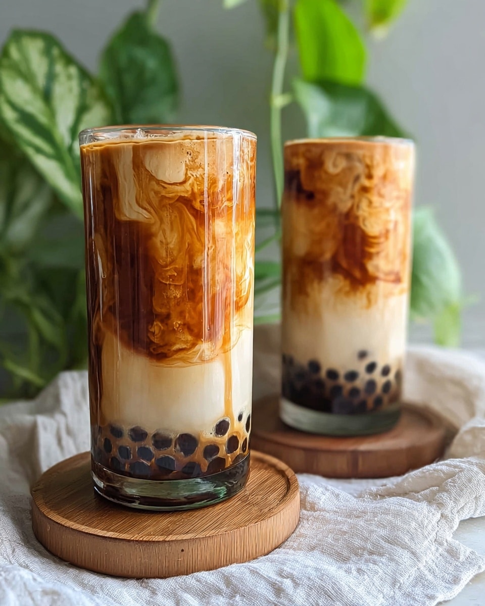 Two tall clear glasses filled with layered bubble tea rest on round wooden coasters, placed on a white marbled textured surface covered with a soft cloth. Each glass has three visible layers: the bottom layer with shiny dark tapioca pearls, the middle layer of creamy light beige milk, and the top layer with rich caramel-colored tea swirling into the milk, creating a marbled pattern with small bubbles near the top. Green plant leaves frame the soft blurred background, adding a fresh touch. photo taken with an iphone --ar 4:5 --v 7
