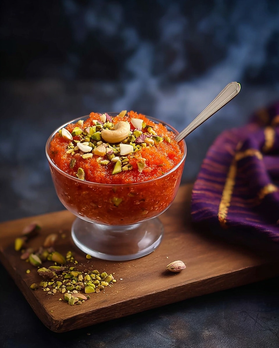 A clear glass bowl filled with a bright orange-red dessert with a soft, moist texture, topped with crushed green pistachios, small white nuts, and a whole golden-brown cashew on the surface. A white spoon rests inside the bowl. The bowl is placed on a natural brown wooden board, with some crushed pistachios scattered around it. To the right, a purple and gold striped cloth is partially visible. The background has a dark tone with light smoke rising, and the surface is a white marbled texture. photo taken with an iphone --ar 4:5 --v 7